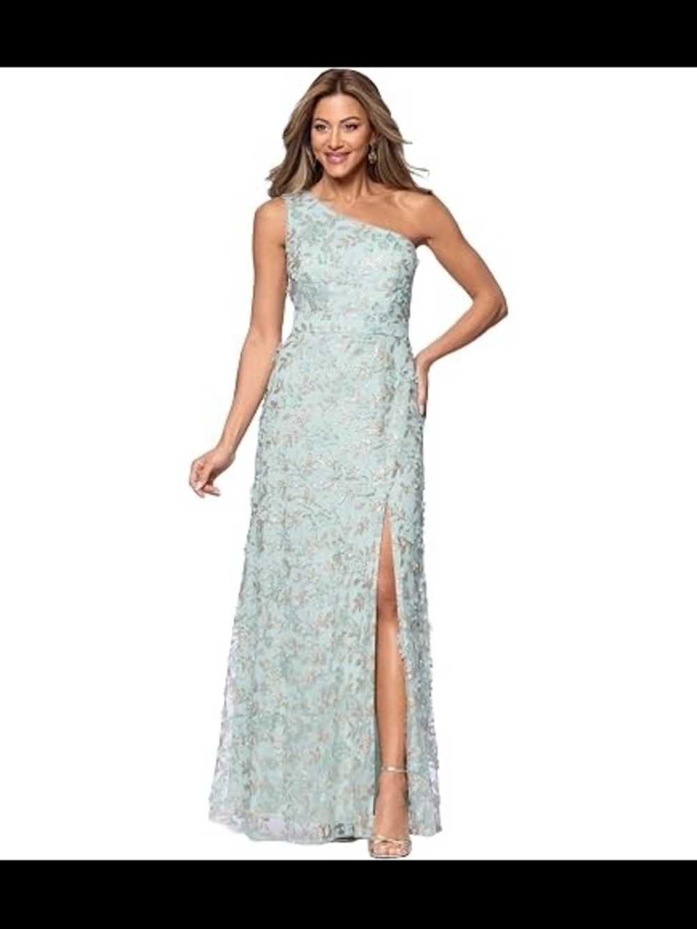 Xscape 3-d Flower One-Shoulder Lace A-Line Evening Dress In Sage Gold
